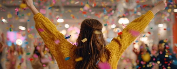 The woman celebrating joyfully with confetti in a vibrant party atmosphere.