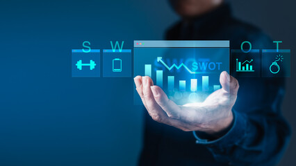 Businessperson Presenting Digital SWOT Analysis with Data Visualizations