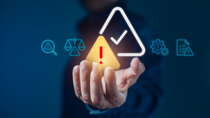 Businessperson Holding Warning Sign with Risk Management Icons