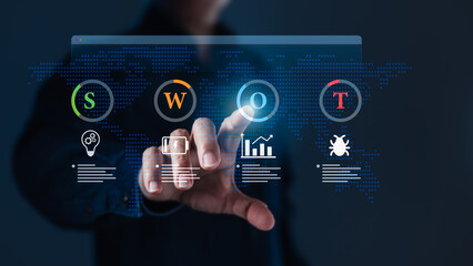 Global SWOT Analysis and Strategic Business Planning on World Map Background