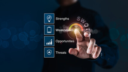 SWOT Analysis Icons and Meter with Businessperson Hand - Strategic Evaluation