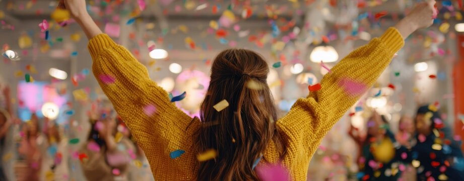 The woman celebrating joyfully with confetti in a vibrant party atmosphere. - Powered by Adobe