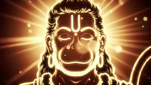 Majestic animation of Lord Hanuman&rsquo;s face glowing with golden aura and soft radial light rays, sparkling particles floating in the air, deep orange-red gradient background