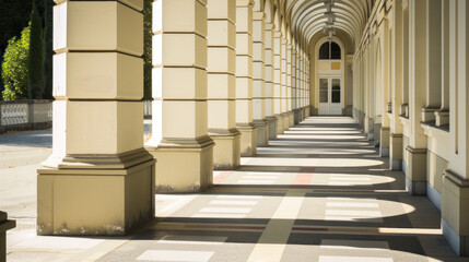 Row of cream-colored pillars form a covered walkway, casting shadows on the patterned ground leading to a door.