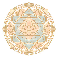 Intricate pastel mandala design featuring lotus petals, sacred geometry, and layered triangles with ornate circular border on transparent background.
