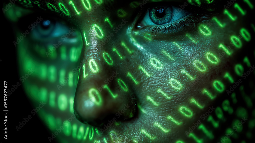 Poster futuristic concept of cybersecurity with human face displaying digital binary code and green light p