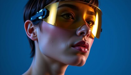 Close-up of a stylish woman wearing futuristic gold aviator sunglasses against a dark blue background. Bright lighting accentuates the frame of her face and the reflective surface of the glasses.