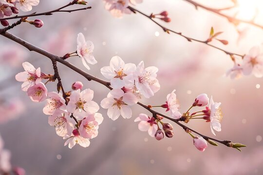 Delicate pink cherry blossoms on branches pink flowers spring - Powered by Adobe