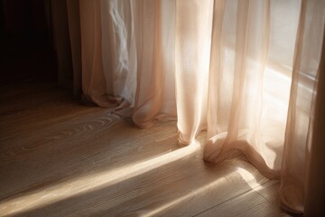 Sunlight streaming through sheer curtains onto wooden floors
