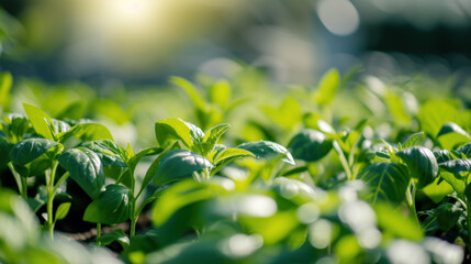 Obraz premium Lush green sprouts emerging, bathed in soft sunlight, symbolizing growth and new beginnings.