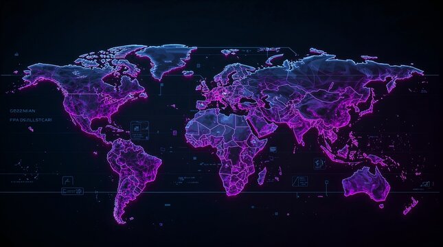 Futuristic world map in a low-poly polygonal style, high-tech digital interface look, glowing neon edges