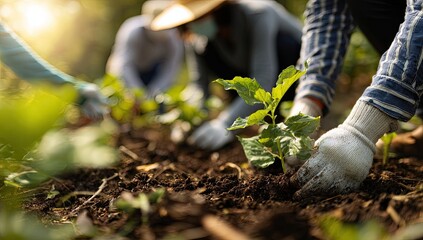 Hands planting young seedlings in garden