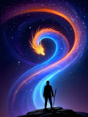 Fototapeta premium Fantasy dragon in space art print, celestial dragon artwork, cosmic dragon poster design