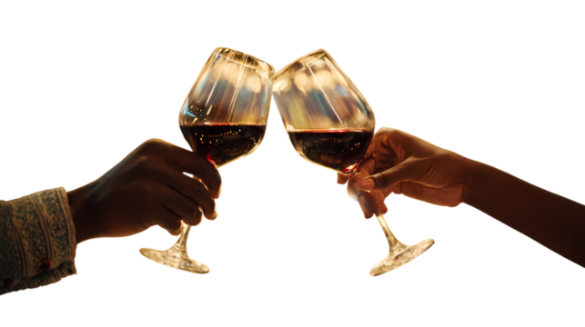 Two hands holding wine glasses filled with red wine clinking together in a celebratory toast isolated on transparent background
