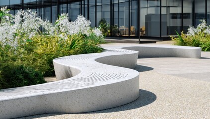 Outdoor seating area with modern benches and landscaping
