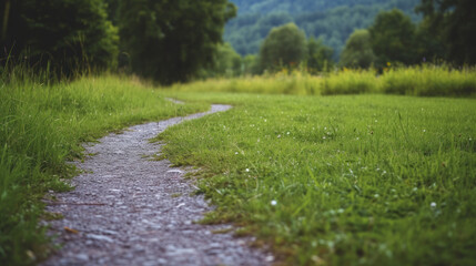 Winding path through a lush green meadow leading to distant trees, inviting exploration of nature's beauty.