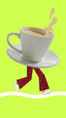 Collage of walking coffee cup with copy space, plaid pants and splash symbolizing energy with...