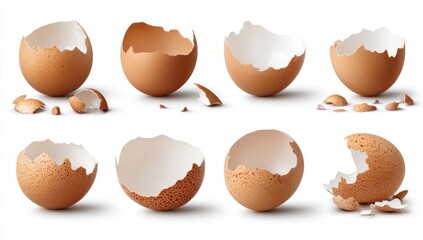 A selection of cracked brown eggshells arranged on a clean, bright white background, perfect for culinary and conceptual projects.