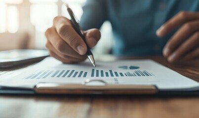 An individual meticulously reviews financial reports while holding a pen, highlighting key data points on the documents. The scene suggests detailed analysis and business focus.