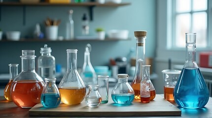 Various laboratory beakers and flasks filled with colorful chemical liquids on a workbench.