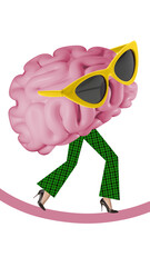 Surreal collage art of walking brain in sunglasses and high heels expressing intelligence with confident attitude. Concept of fintech education, social media posters, pop-art merchandise.