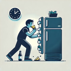 Flat minimalist illustration of a person attending a video conference call on a laptop, with a bookshelf in the background, symbolizing virtual meetings, isolated on a white background.
