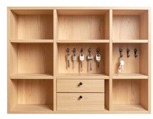 Elegant wall-mounted key holder with hooks and small shelf, isolated on a transparent background