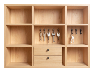 Elegant wall-mounted key holder with hooks and small shelf, isolated on a transparent background