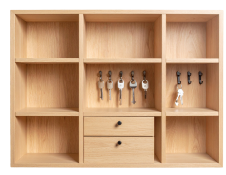 Elegant wall-mounted key holder with hooks and small shelf, isolated on a transparent background
