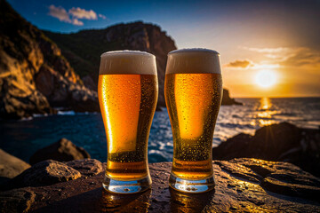 Two fresh cold beers at sunset