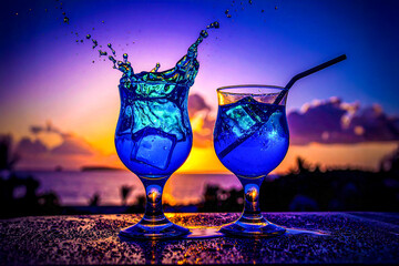fresh cocktail by the sea at sunset