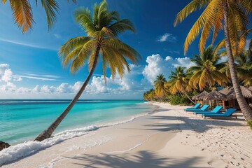 Obraz premium Stunning Caribbean Beach with Vibrant Palms Crystal Clear Waters and Ideal Sandy Retreat for an Unforgettable Getaway