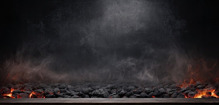 Charcoal embers glowing with smoke in dark background