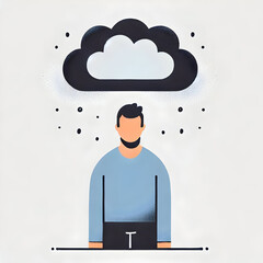 Flat minimalist illustration of a person attending a video conference call on a laptop, with a bookshelf in the background, symbolizing virtual meetings, isolated on a white background.