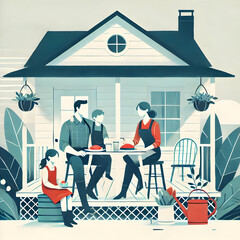 Minimalist flat illustration of a family relaxing on beach loungers, with tropical palm trees and a sleek isometric design on an isolated white background.