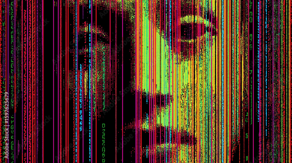 Poster eye-catching abstract digital portrait features colorful stripes and binary code, exploring themes o