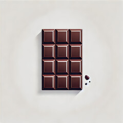 A flat design featuring a bar of dark chocolate broken into chunks with a smooth texture, placed symmetrically on a clean white background to emphasize its luxury.