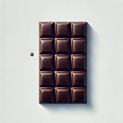 A flat design featuring a bar of dark chocolate broken into chunks with a smooth texture, placed symmetrically on a clean white background to emphasize its luxury.