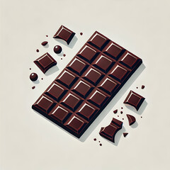 A flat design featuring a bar of dark chocolate broken into chunks with a smooth texture, placed symmetrically on a clean white background to emphasize its luxury.