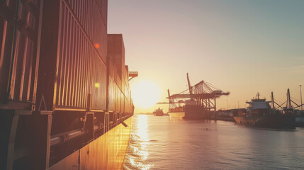Cargo containers on a ship, illuminated by the rising sun, ready for international shipping and logistics.