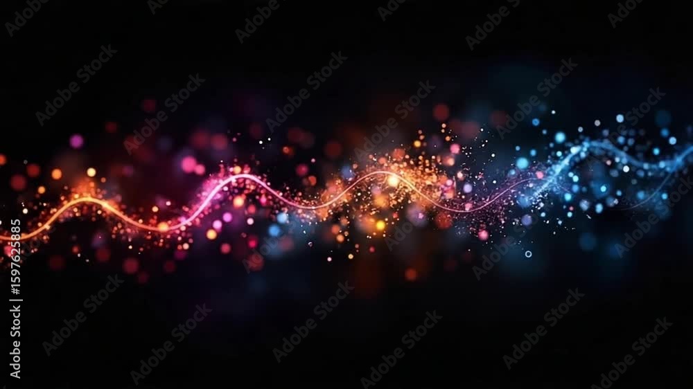 Poster wavy line of light with colorful particles on a black background animation