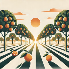 A flat design minimalist illustration of grape harvesting with workers collecting clusters in baskets under symmetrical vines, white background.