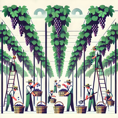 A flat design minimalist illustration of grape harvesting with workers collecting clusters in baskets under symmetrical vines, white background.