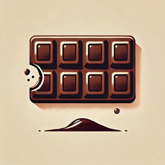A flat design of a chocolate bar with a broken piece showing the smooth interior, placed symmetrically on a white background to highlight the texture and richness of the chocolate.