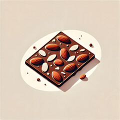 A flat design of a chocolate bark with almonds and dried fruit sprinkled on top, elegantly placed on a minimalist white background to highlight its texture and rich flavor.
