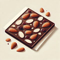 A flat design of a chocolate bark with almonds and dried fruit sprinkled on top, elegantly placed on a minimalist white background to highlight its texture and rich flavor.