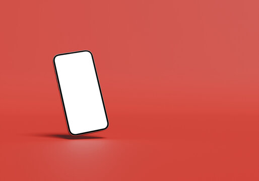 Smartphone mockup with blank white screen floating against a bold red background