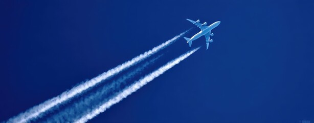 The airplane soaring high above with contrails against a brilliant blue sky