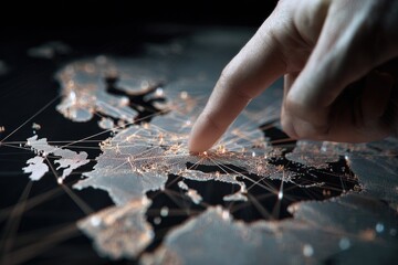 Finger pointing at a global network map of Europe