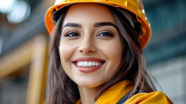 female engineer wearing safety cap smiling to camera at construction site 